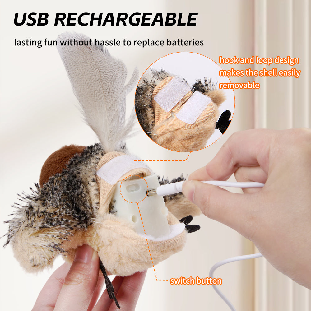 Cat Toys Rechargeable Flapping Bird Sparrow, Lifelike Chirp Tweet, App Remote Control & Touch Activated Kitten Toy Interactive Cat Exercise Toys for All Breeds Cat Catnip Toys