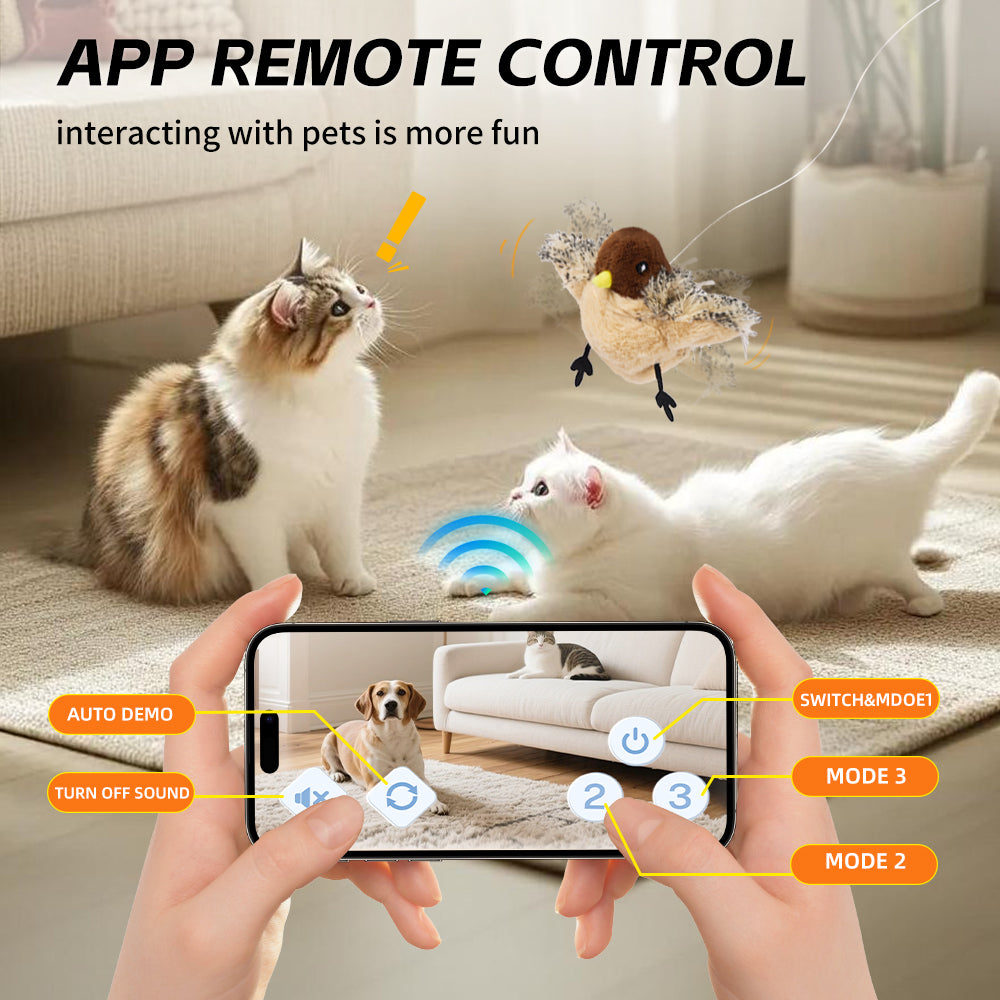 Cat Toys Rechargeable Flapping Bird Sparrow, Lifelike Chirp Tweet, App Remote Control & Touch Activated Kitten Toy Interactive Cat Exercise Toys for All Breeds Cat Catnip Toys