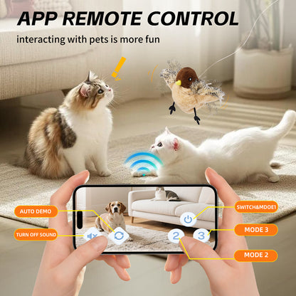 Cat Toys Rechargeable Flapping Bird Sparrow, Lifelike Chirp Tweet, App Remote Control & Touch Activated Kitten Toy Interactive Cat Exercise Toys for All Breeds Cat Catnip Toys